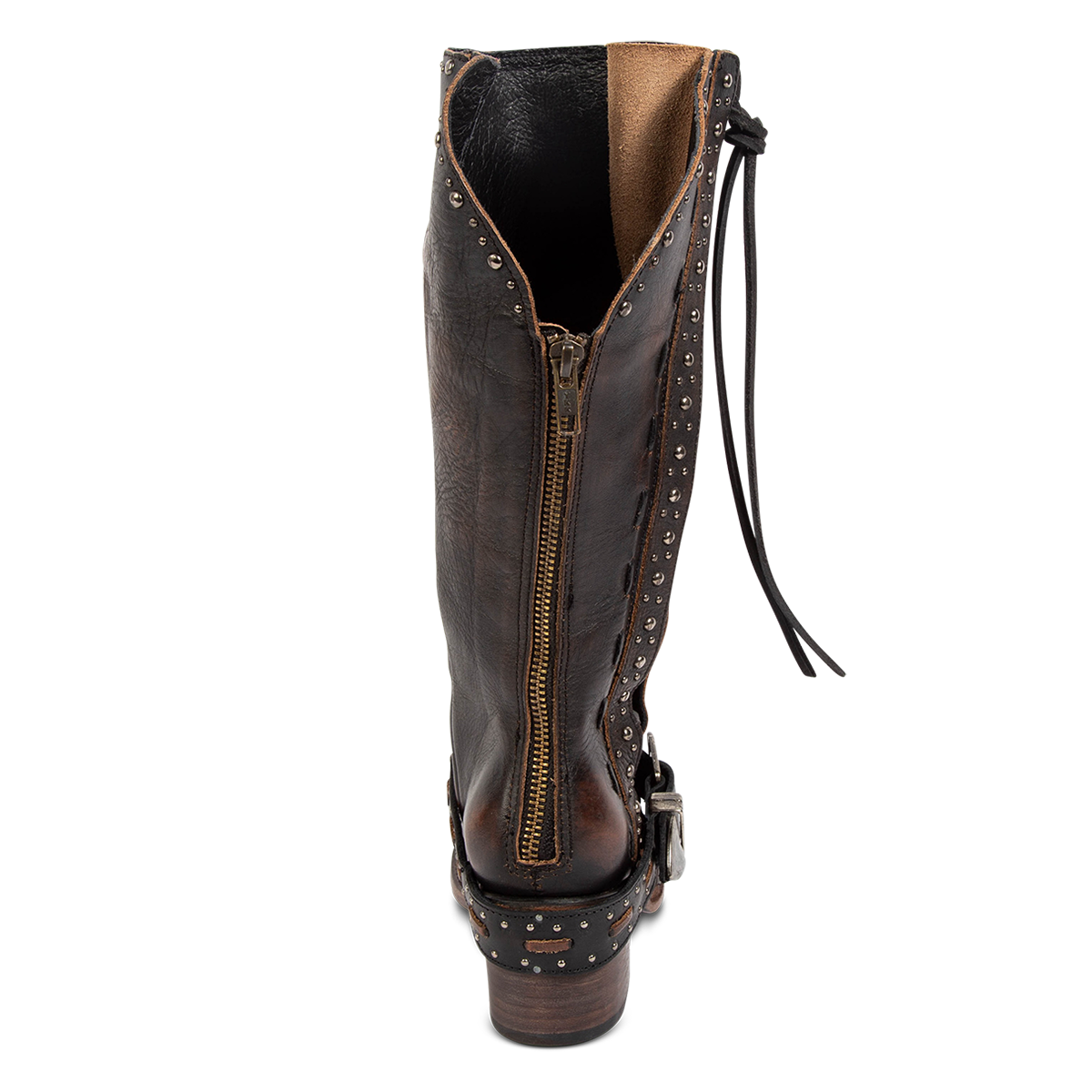 Back view showing FREEBIRD women's Contour black leather boot with a calf cut out, working back zipper and embossed studs