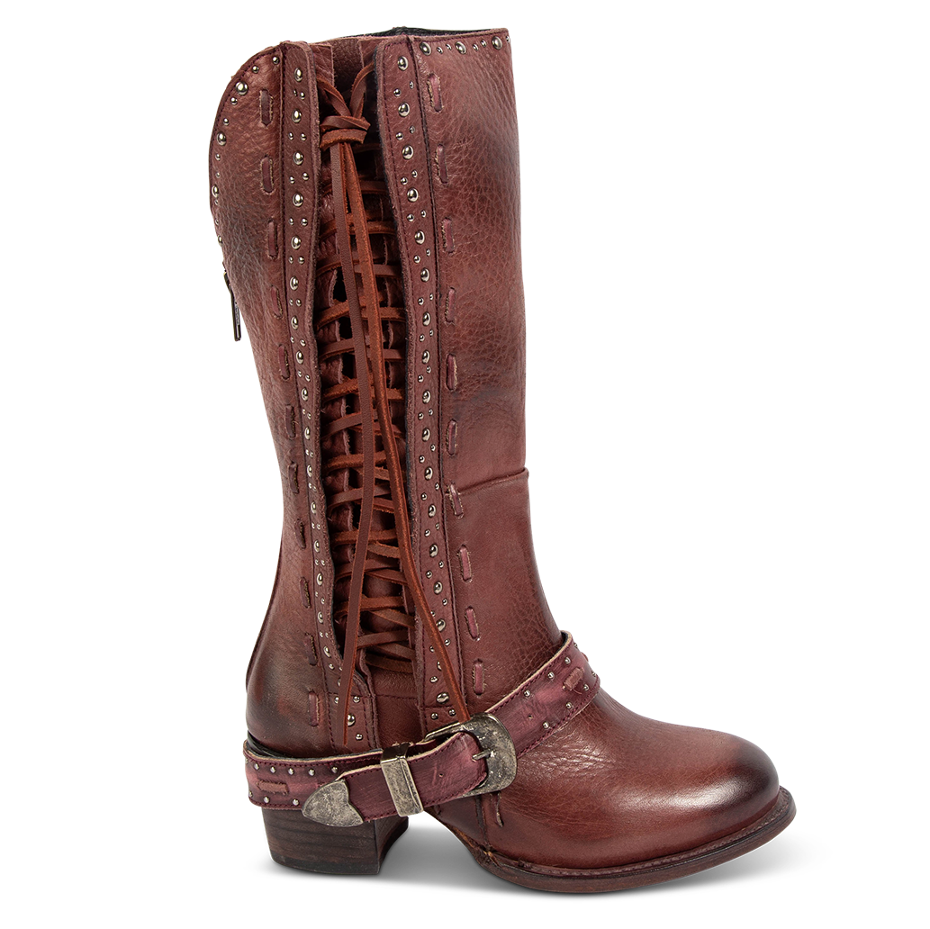 FREEBIRD women's Contour wine leather boot with adjustable side lacing, instep belt and low block heel