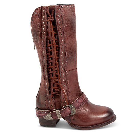 FREEBIRD women's Contour wine leather boot with adjustable side lacing, instep belt and low block heel