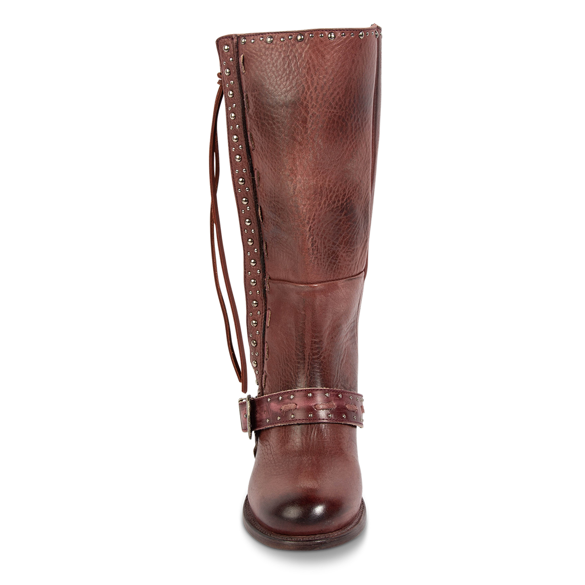 Front view showing FREEBIRD women's Contour wine leather boot with adjustable side lacing, instep belt and round toe construction