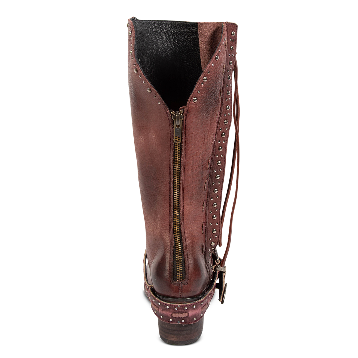 Back view showing FREEBIRD women's Contour wine leather boot with a calf cut out, working back zipper and embossed studs