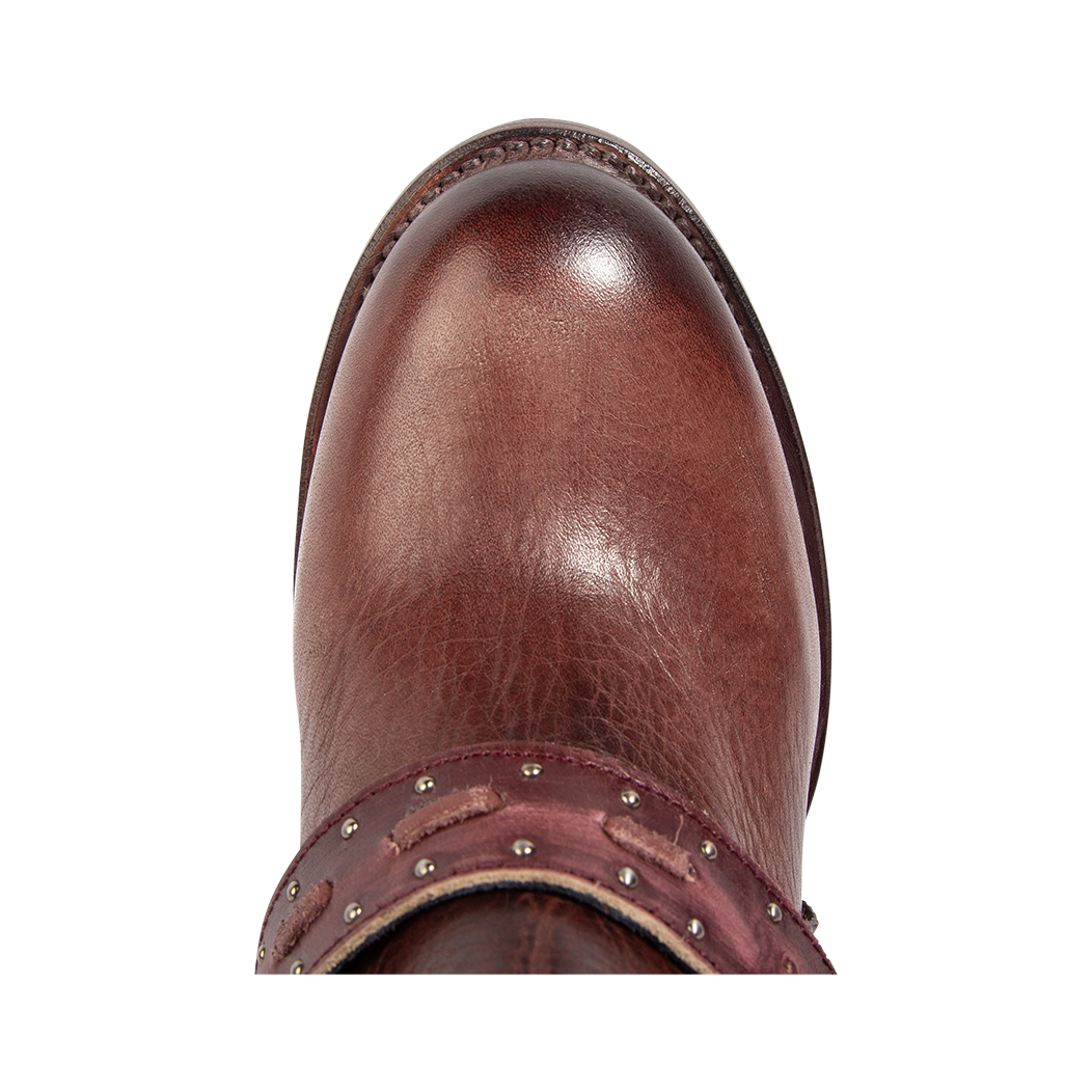 Top view showing round toe construction on FREEBIRD women's Contour wine leather boot