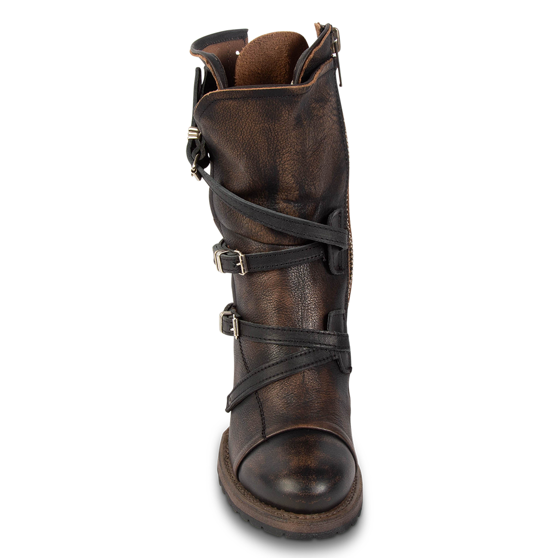 Front view showing a relaxed silhouette and adjustable leather straps with silver hardware on FREEBIRD women's Cora black leather boot