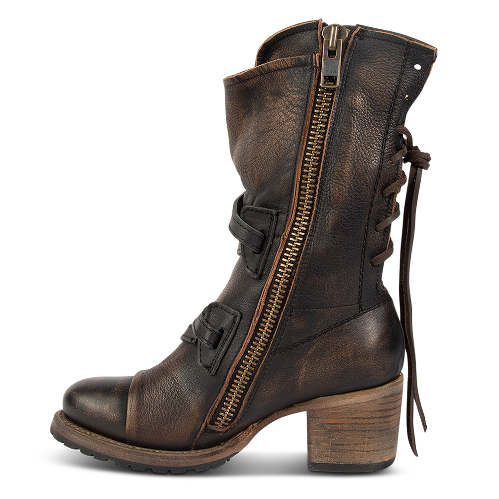 Inside view showing working brass zip closure and wood wrapped heel on FREEBIRD women's Cora black leather boot