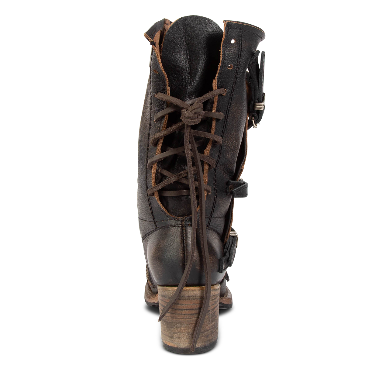 Back view showing adjustable leather lacing on FREEBIRD women's Cora black leather boot