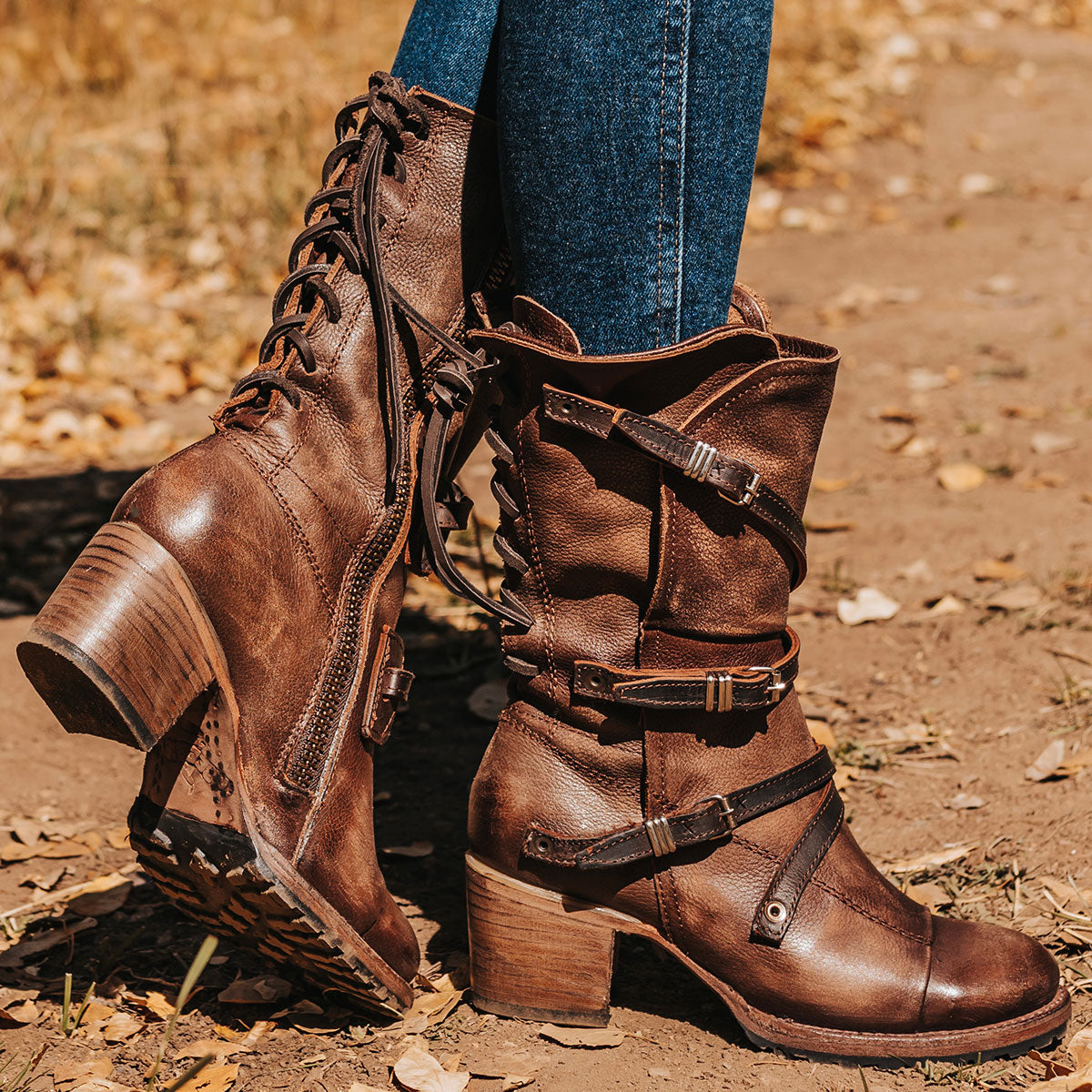 FREEBIRD women’s Cora brown slouchy back lacing leather boot with adjustable straps and buckles