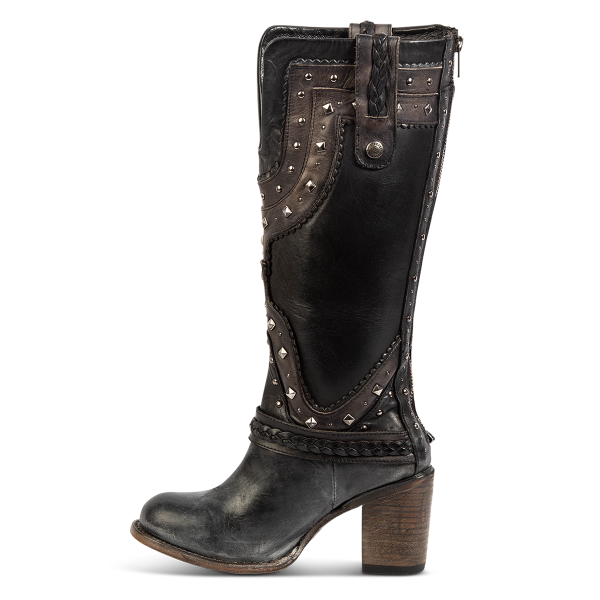 Inside view showing FREEBIRD women's Cormac black leather boot with embellished stud detailing, leather pull straps and round toe construction