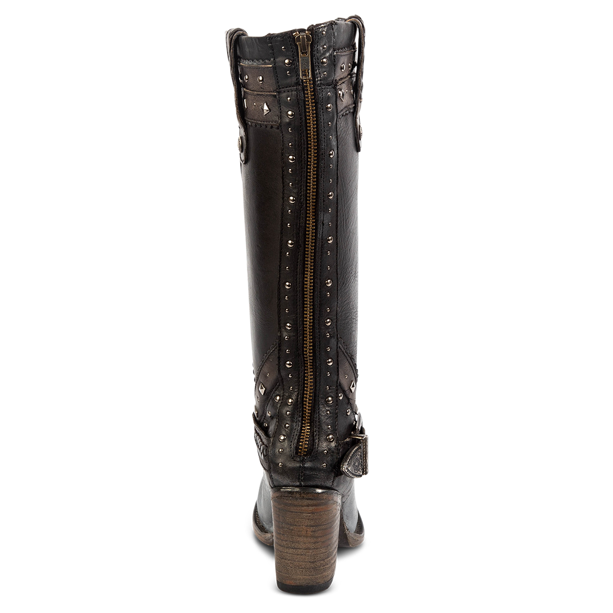 Back view showing FREEBIRD women's Cormac black leather boot with a full working zipper, stacked heel and embellished stud detailing