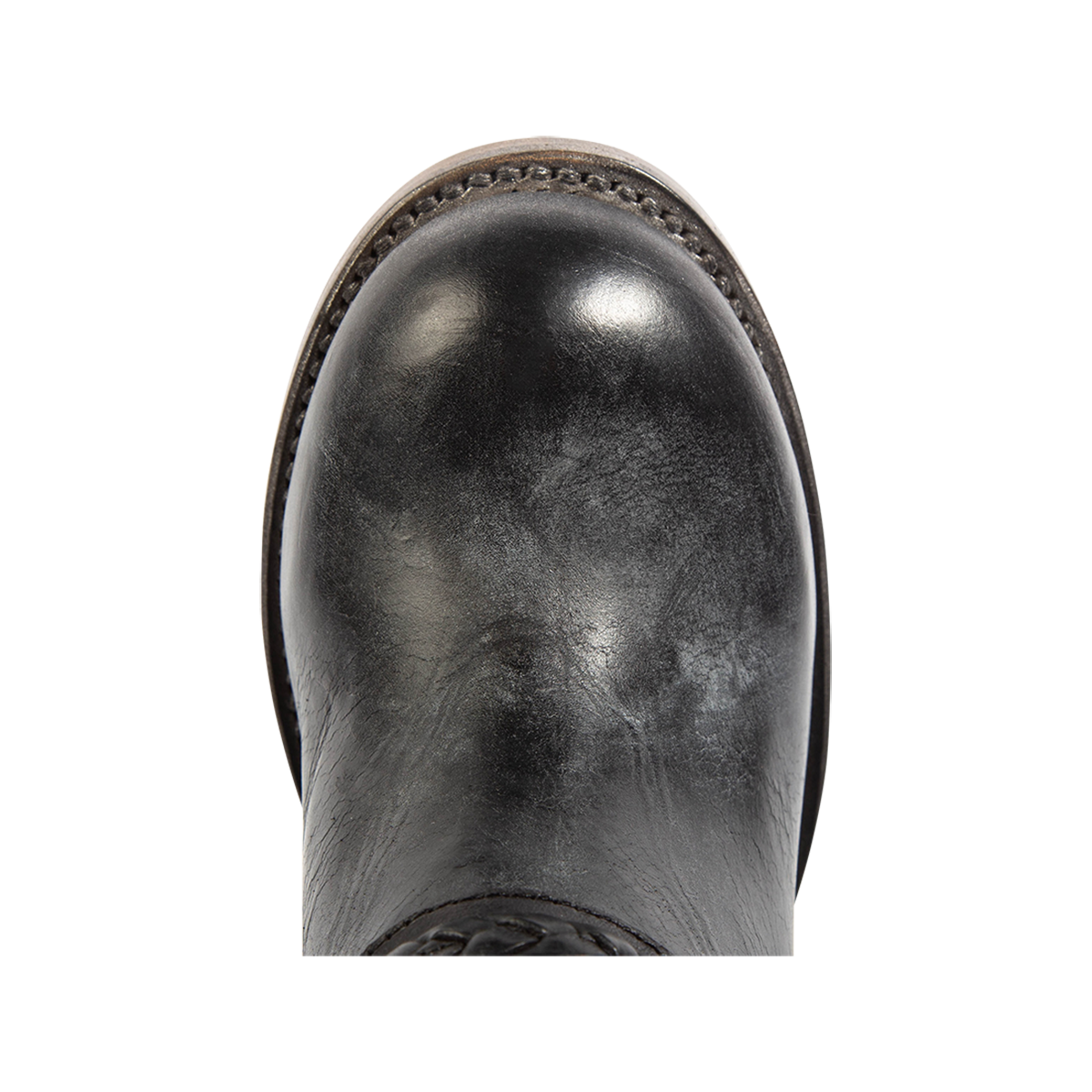 Top view showing FREEBIRD women's Cormac black leather boot with a round toe construction