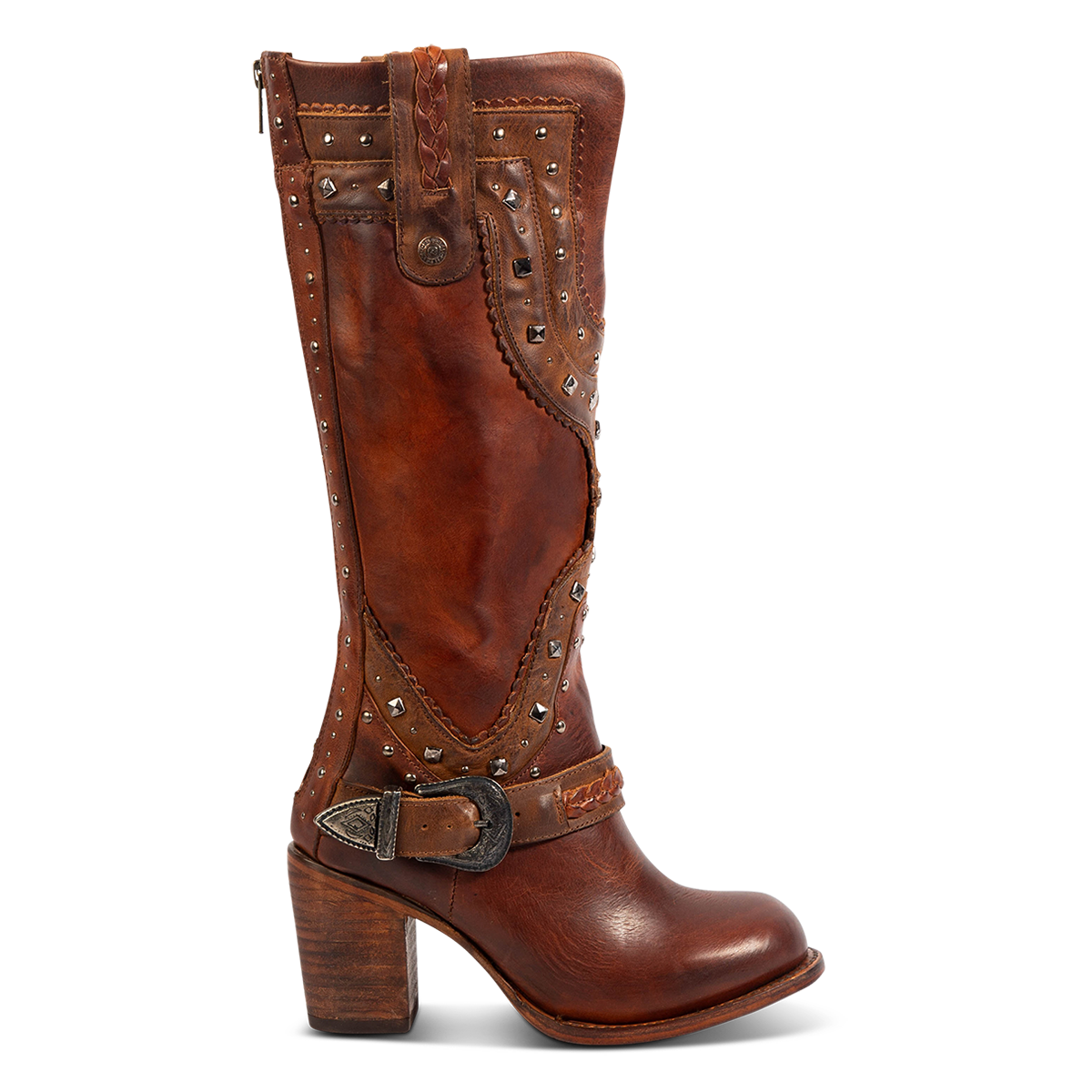 FREEBIRD women's Cormac cognac leather boot with embellished stud details, leather pull straps and round toe construction 