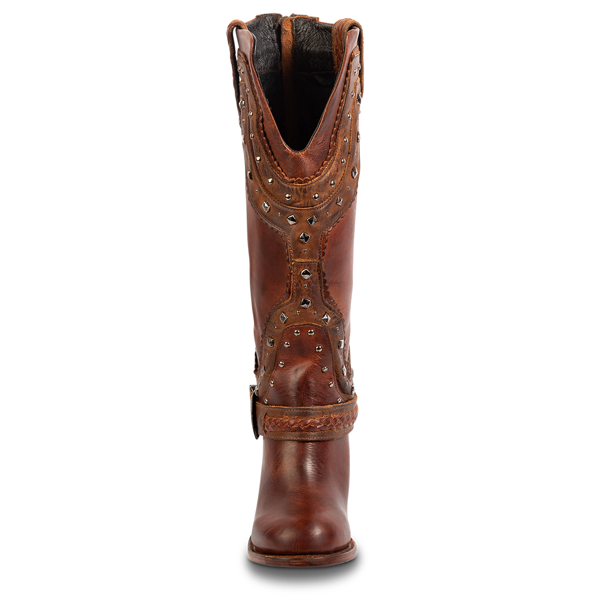 Front view showing FREEBIRD women's Cormac cognac leather boot with a front shaft cutout, embellished stud detailing and round toe construction