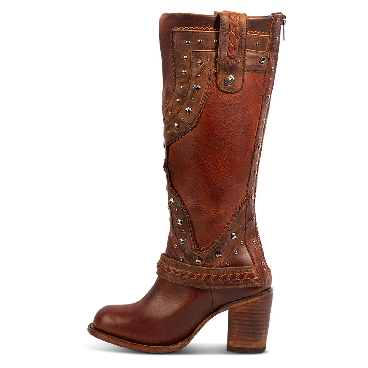 Inside view showing FREEBIRD women's Cormac cognac leather boot with embellished stud detailing, leather pull straps and round toe construction