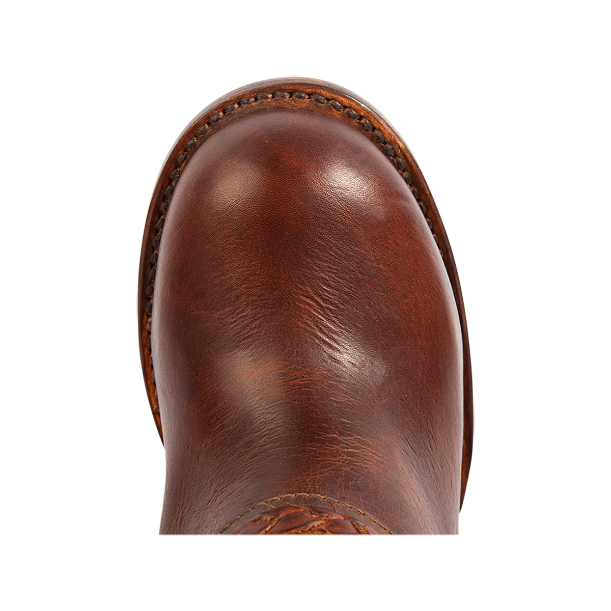 Top view showing FREEBIRD women's Cormac cognac leather boot with a round toe construction