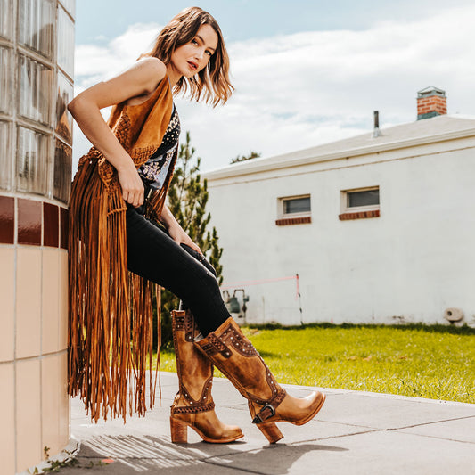 FREEBIRD women's Cormac natural leather boot with embellished stud details, leather pull straps and round toe construction lifestyle