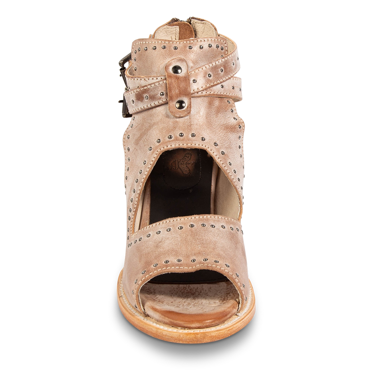Front view showing FREEBIRD women's Cosmic taupe leather sandal with an open-toe silhouette, dual adjustable straps and stud embellishments