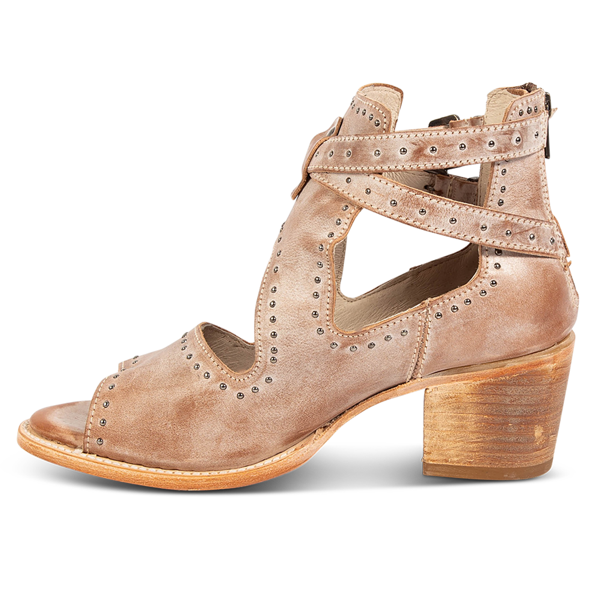 Inside view showing a block heel, dual adjustable straps and stud embellishments on FREEBIRD women's Cosmic taupe leather sandal