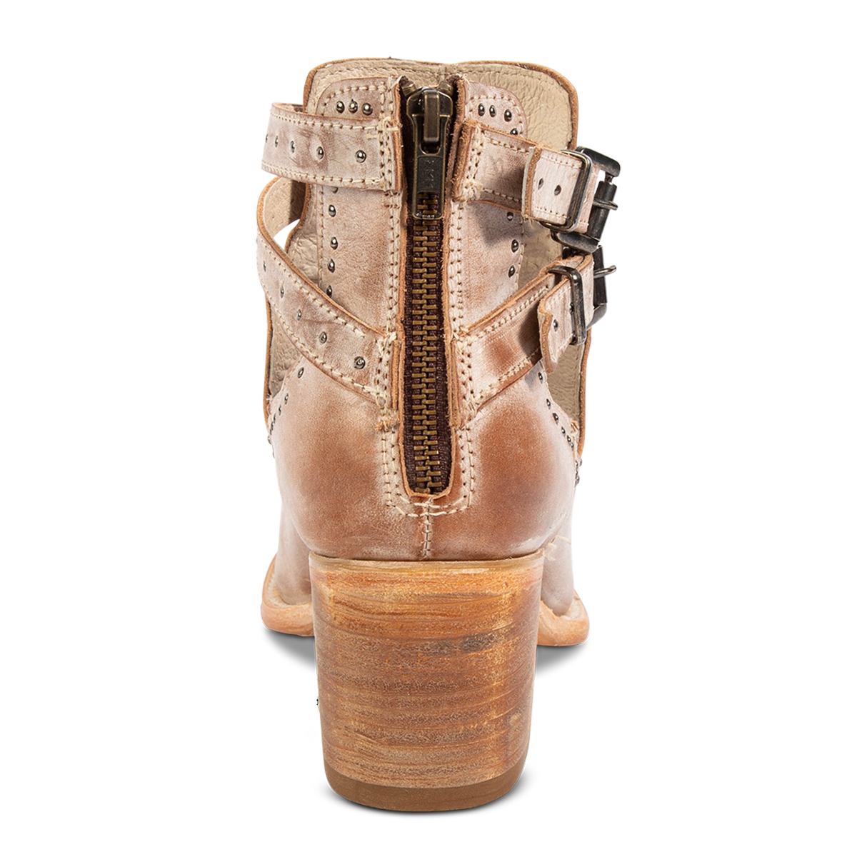 Back view showing an inside working brass zipper, adjustable leather straps and block heel on FREEBIRD women's Cosmic taupe leather sandal