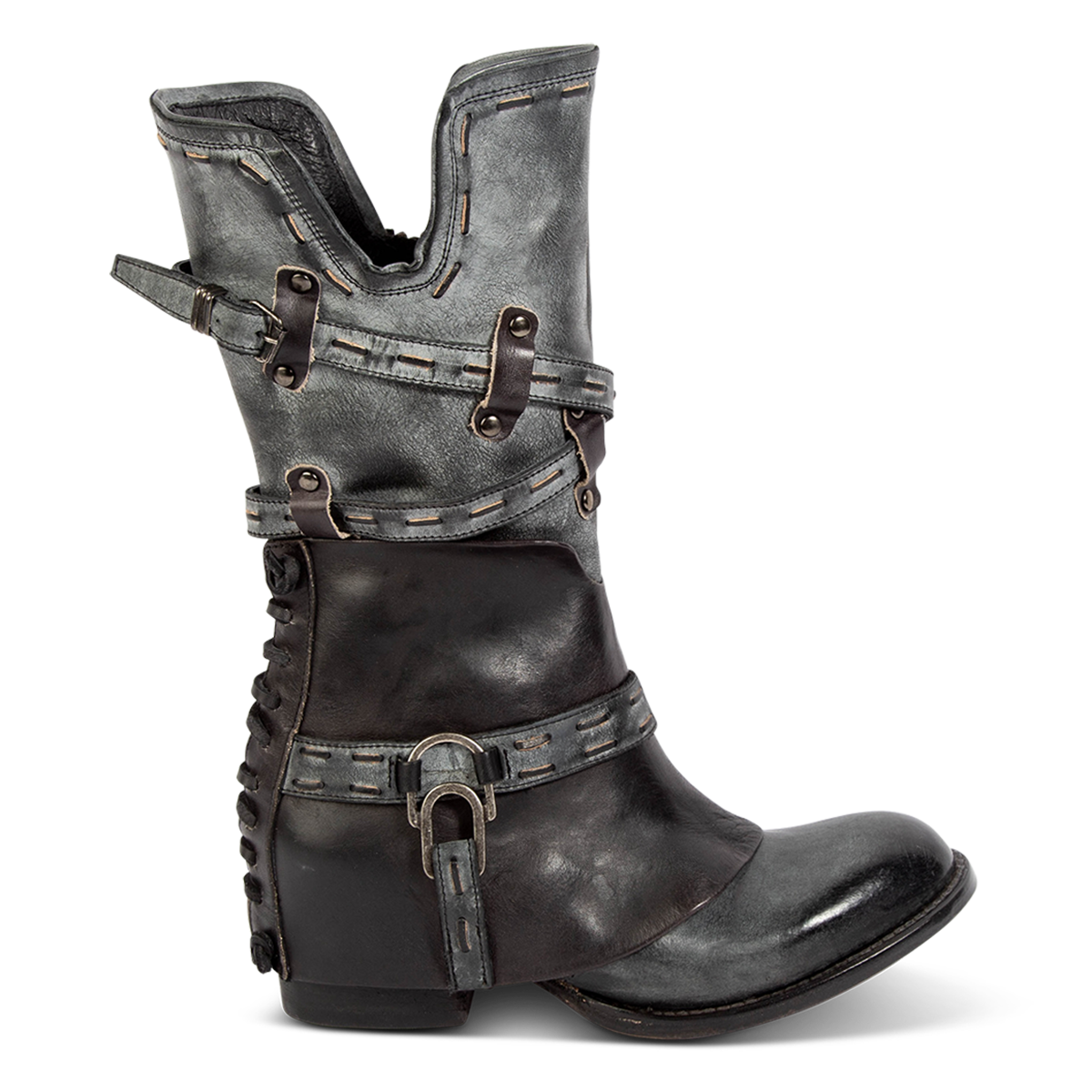 FREEBIRD women's Crow black leather boot with a leather overlay, back panel decorative lacing and inside working zipper