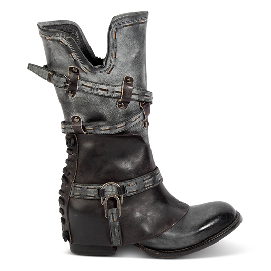 FREEBIRD women's Crow black leather boot with a leather overlay, back panel decorative lacing and inside working zipper