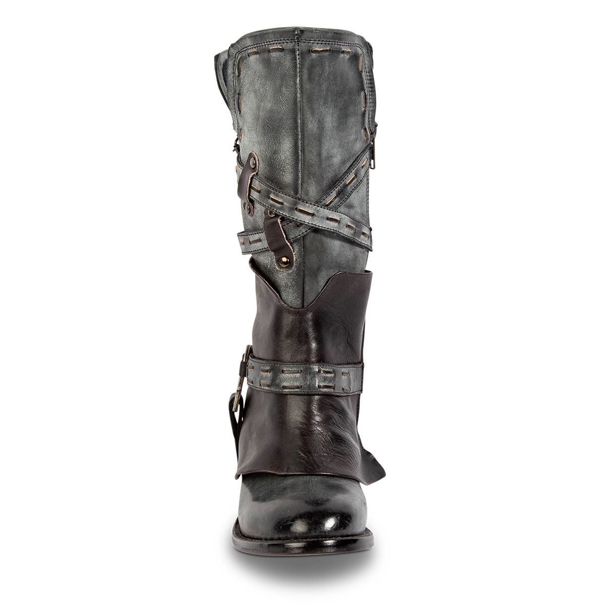 Front view showing FREEBIRD women's Crow black leather boot with a leather shaft overlay, cross-cross belts and round toe construction