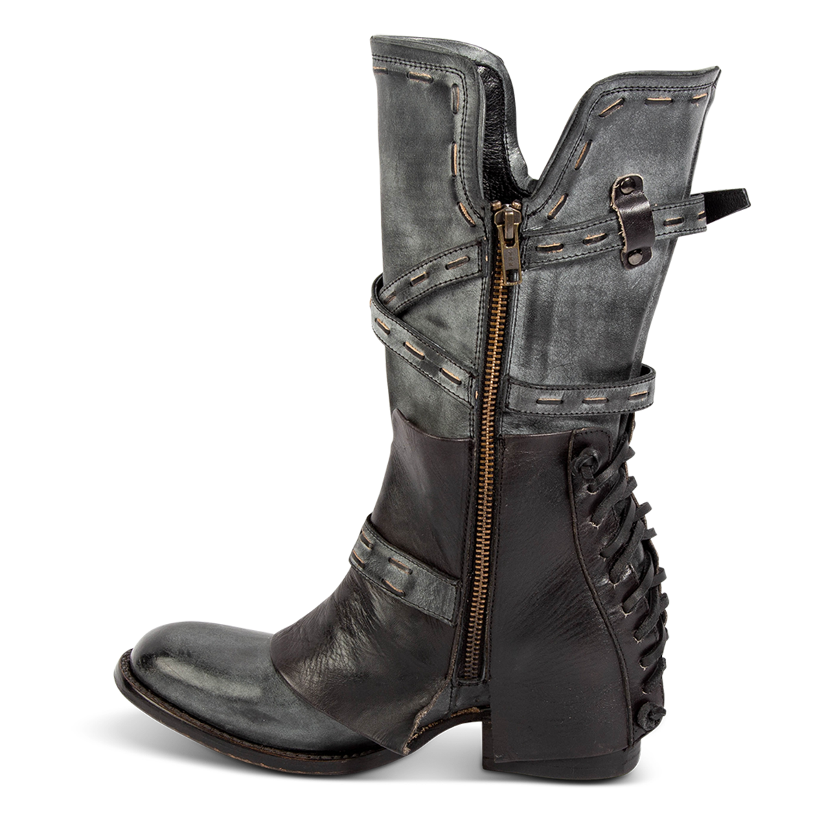 Inside view showing FREEBIRD women's Crow black leather boot with an inside working zipper, criss cross belts and leather shaft overlay