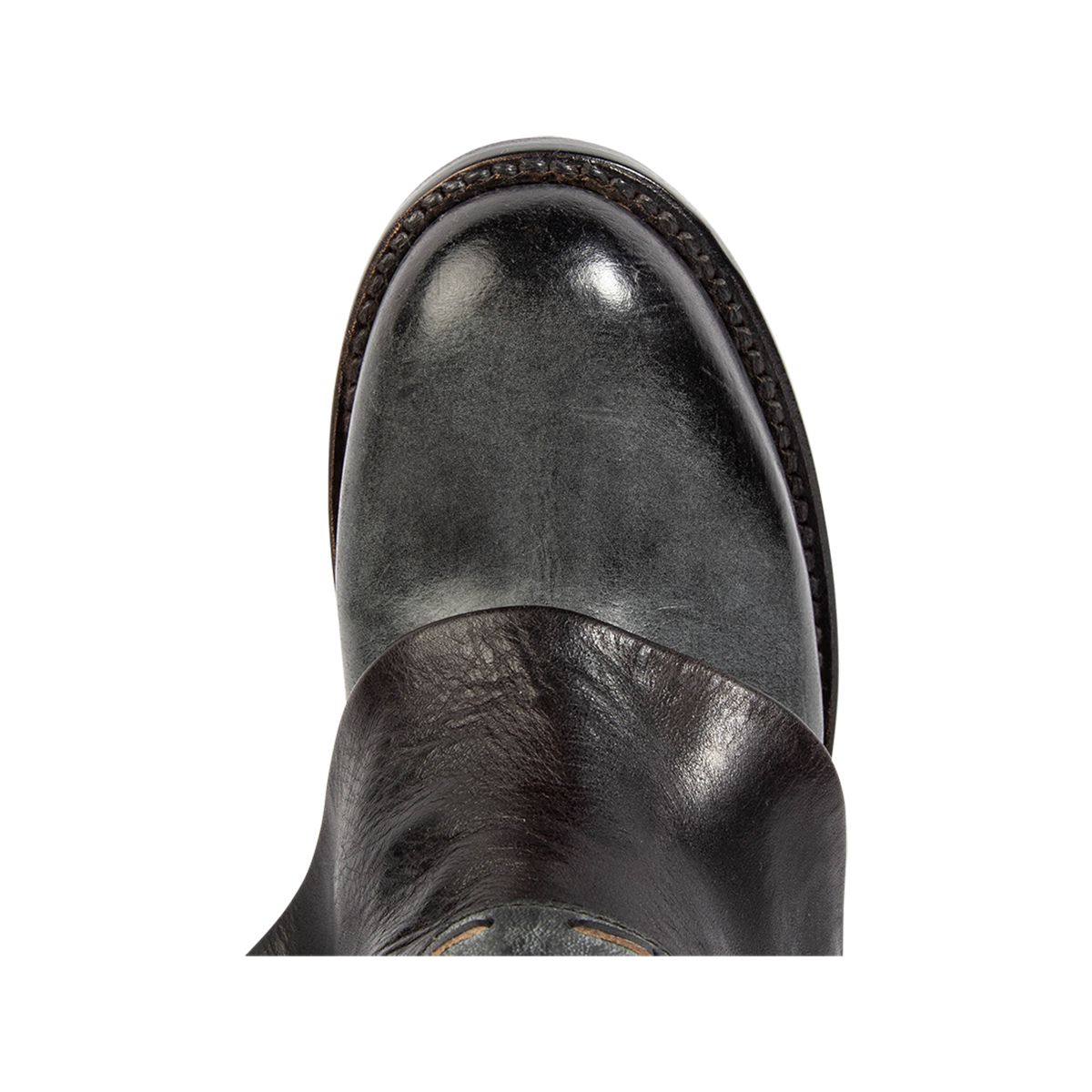 Top view showing a round toe construction on FREEBIRD women's Crow black leather boot