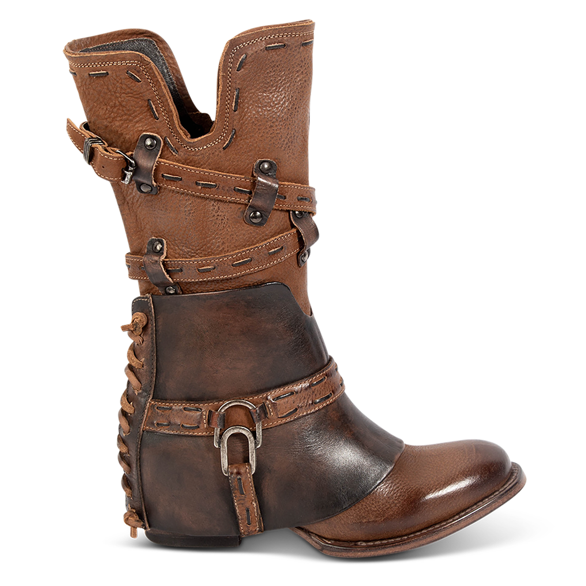 FREEBIRD women's Crow cognac multi leather boot with a leather overlay, back panel decorative lacing and inside working zipper