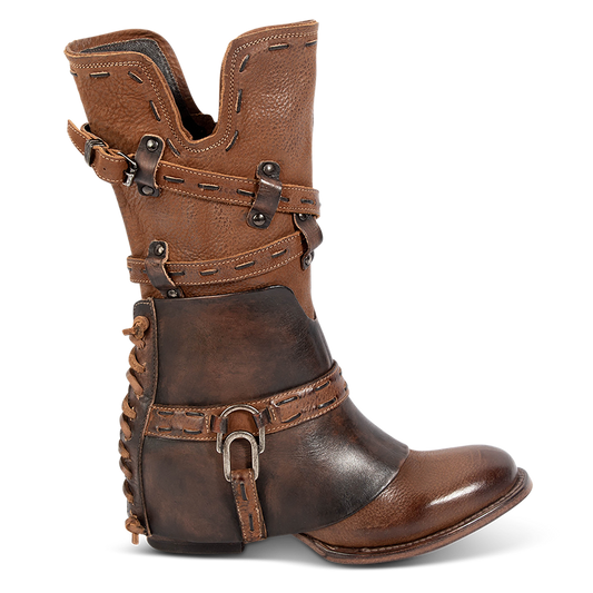 FREEBIRD women's Crow cognac multi leather boot with a leather overlay, back panel decorative lacing and inside working zipper