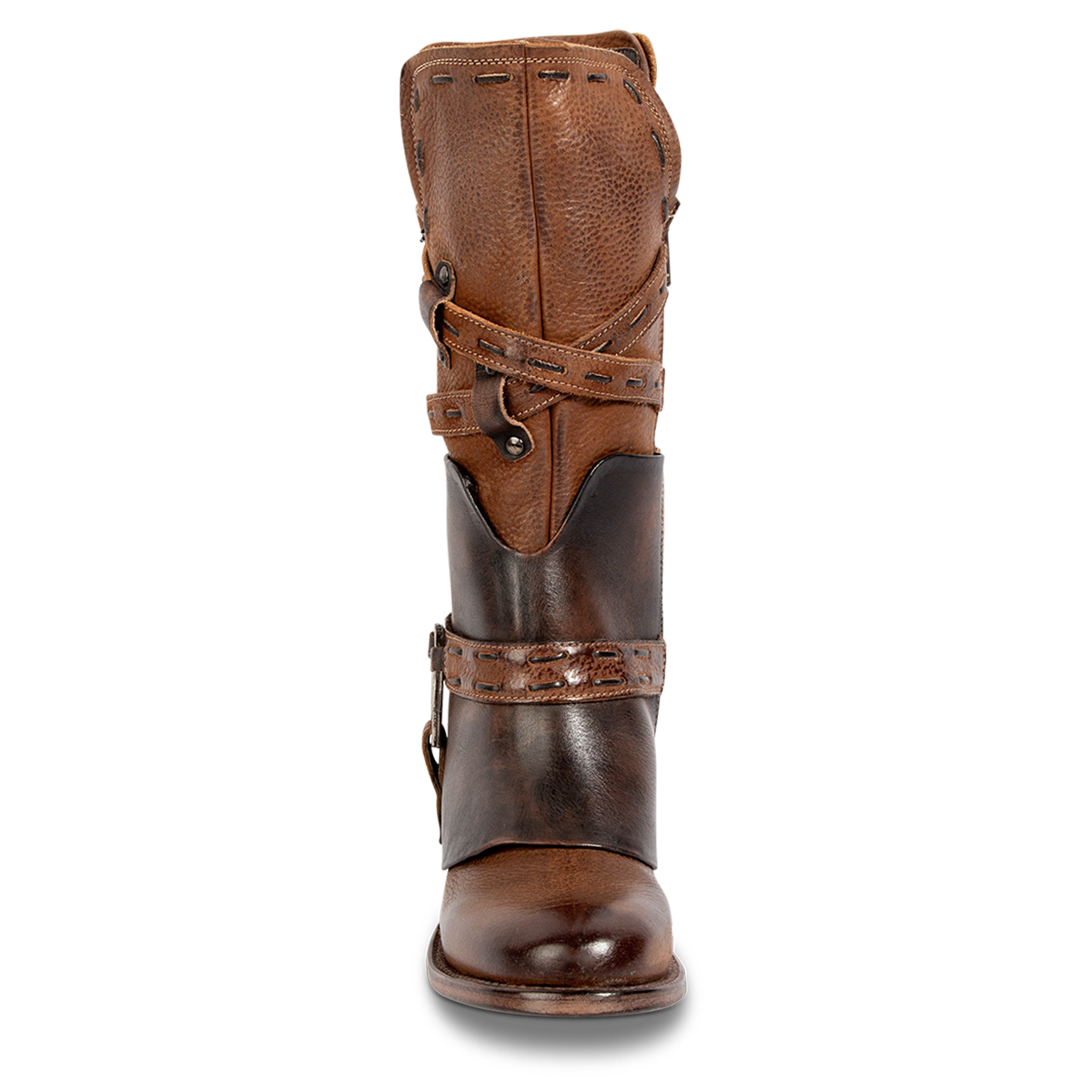 Front view showing FREEBIRD women's Crow cognac multi leather boot with a leather shaft overlay, cross-cross belts and round toe construction