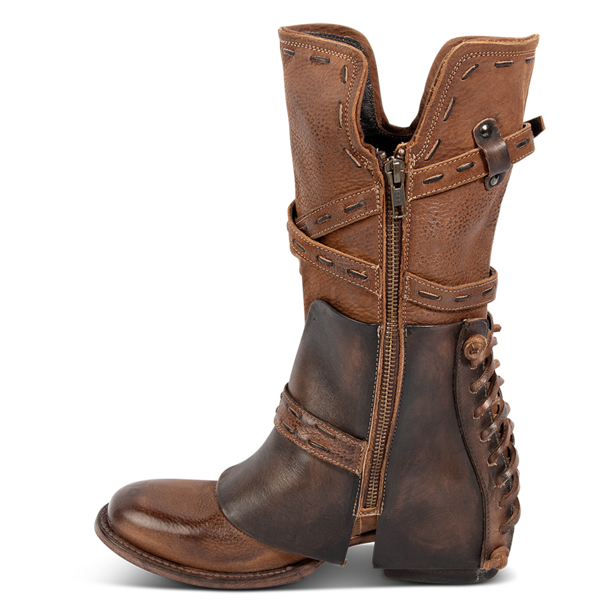 Inside view showing FREEBIRD women's Crow cognac multi leather boot with an inside working zipper, criss cross belts and leather shaft overlay