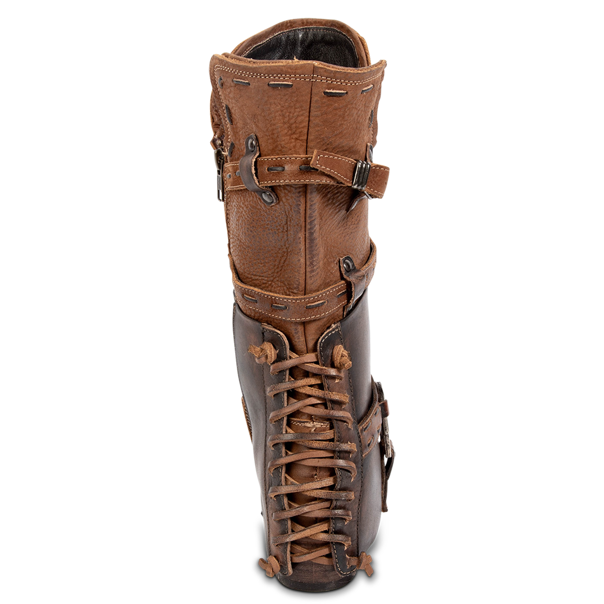 Back view showing FREEBIRD women's Crow cognac multi leather boot with a decorative back panel lacing, criss cross stitching and 100% full grain leather