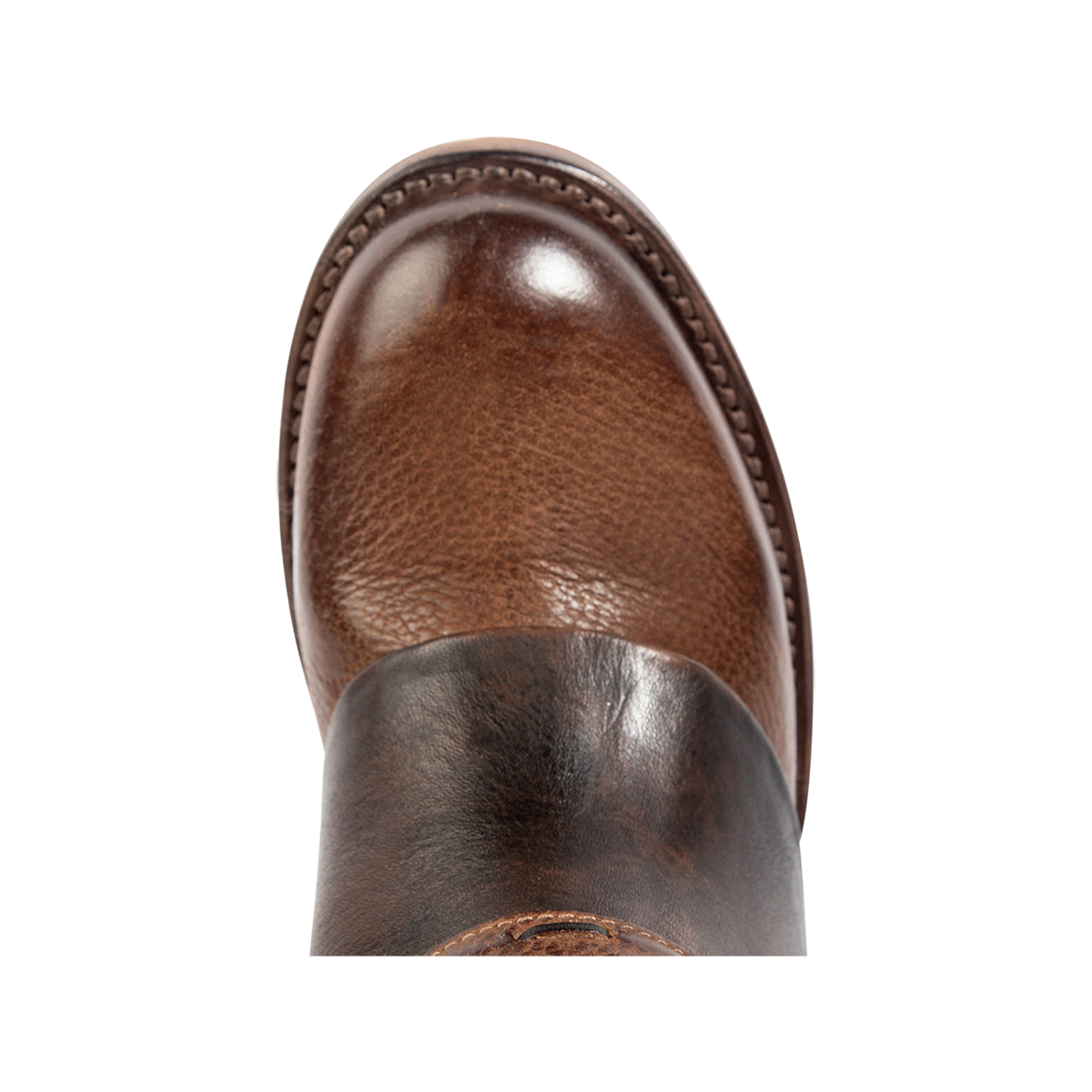 Top view showing a round toe construction on FREEBIRD women's Crow cognac multi leather boot