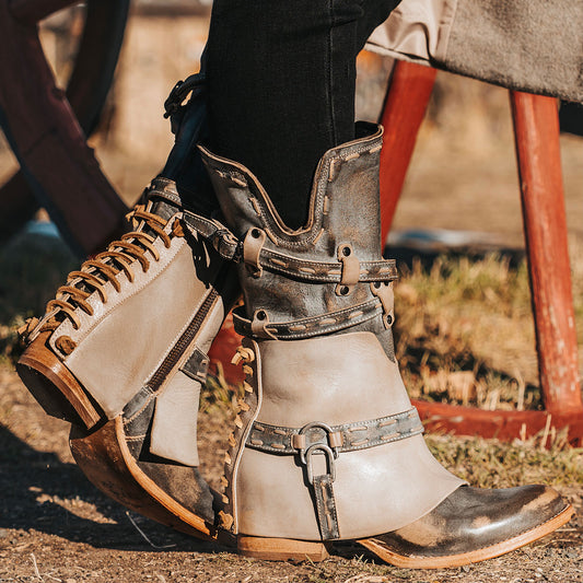 FREEBIRD women's Crow ice leather boot with a leather overlay, back panel decorative lacing and inside working zipper 