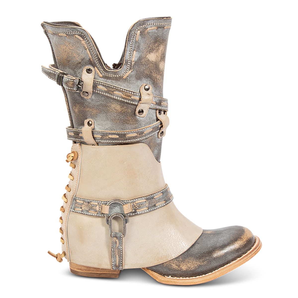 FREEBIRD women's Crow ice leather boot with a leather overlay, back panel decorative lacing and inside working zipper