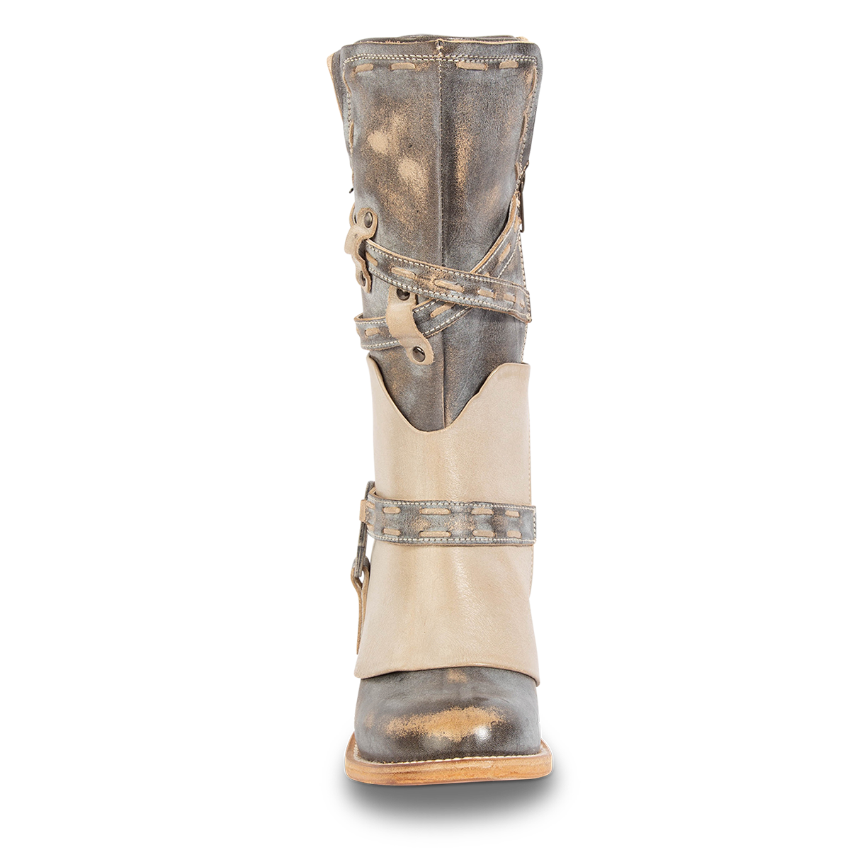 Front view showing FREEBIRD women's Crow ice leather boot with a leather shaft overlay, cross-cross belts and round toe construction