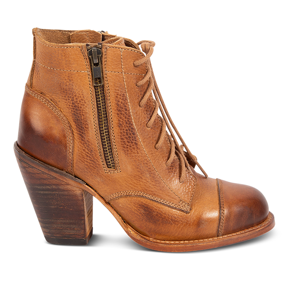 FREEBIRD women's Dame wheat multi leather bootie with an inside working zipper, front lie lacing and abstract leather detailing