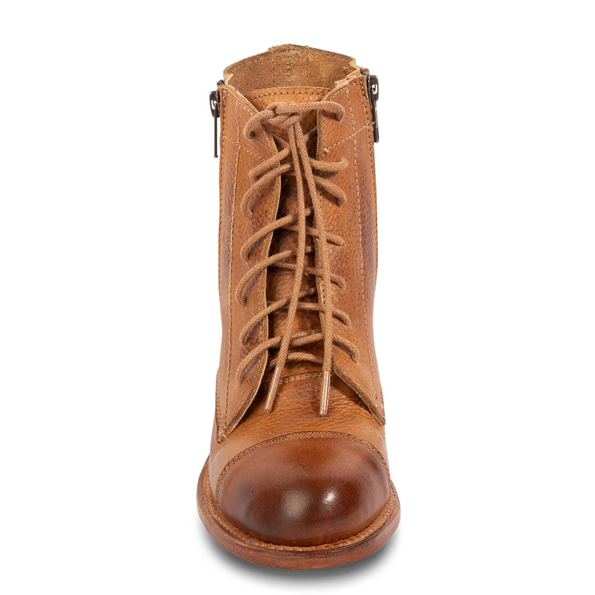 Front view showing FREEBIRD women's Dame wheat multi leather bootie with an inside working zipper, front tie lacing and abstract leather detailing