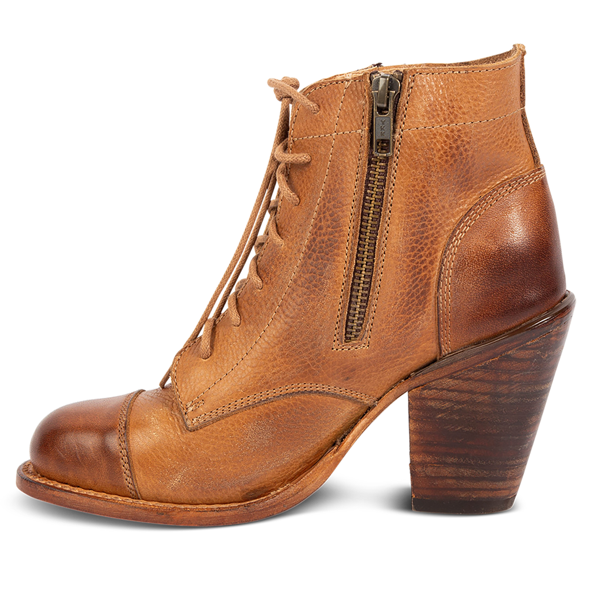 Inside view showing FREEBIRD women's Dame wheat multi leather bootie with an inside working zipper, front tie lacing and abstract leather detailing