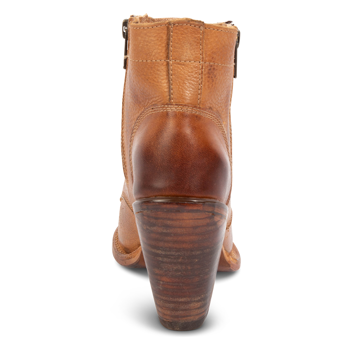 Back view showing FREEBIRD women's Dame wheat multi leather bootie with an inverted heel and abstract leather detailing