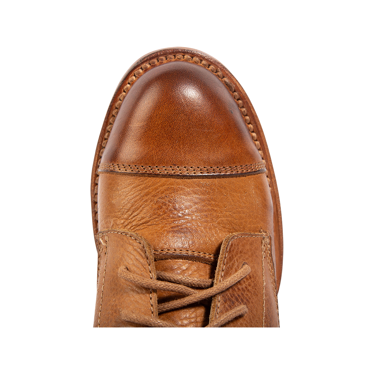 Top view showing a rounded toe on FREEBIRD women's Dame wheat multi leather bootie