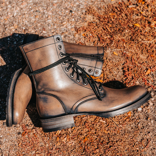 FREEBIRD men's Denver black leather boot with front tie leather lacing, inside working brass zipper and elevated heel