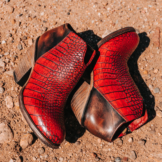 FREEBIRD women's Detroit red croco featuring inverted heel, front cut out dip, and two toned full grain leather