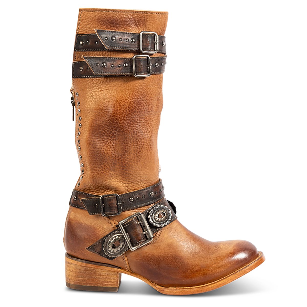 FREEBIRD women's Garrison tan leather boot with adjustable shaft belts, concho belts and low heel 