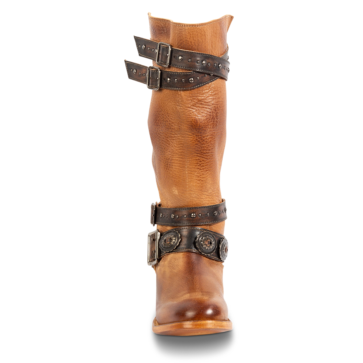 Front view showng FREEBIRD women's Garrison tan leather boot with adjustable shaft belts, concho belts and calf shaft cutout