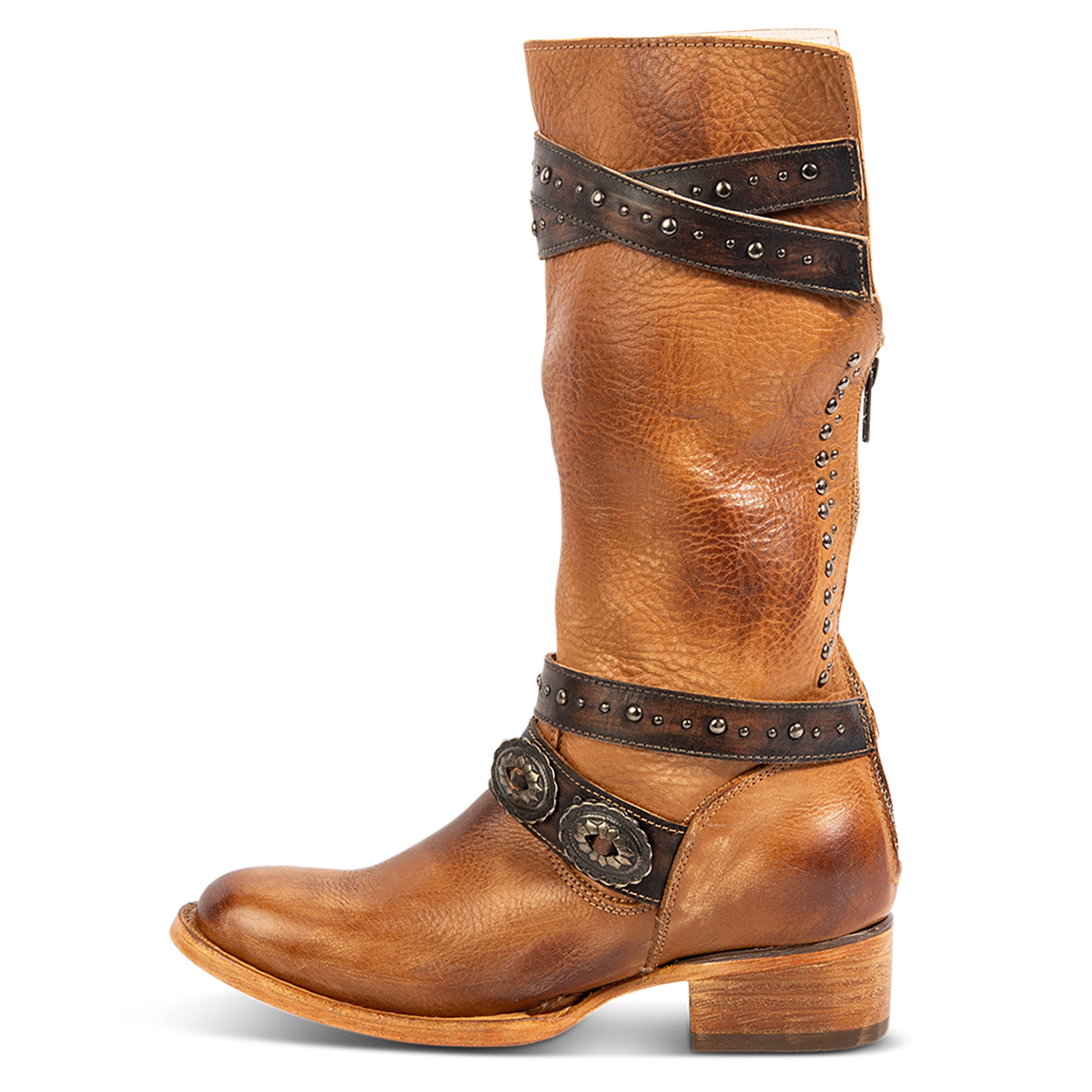 Inside view showing FREEBIRD women's Garrison tan leather boot with adjustable shaft belts, concho belts and low heel 