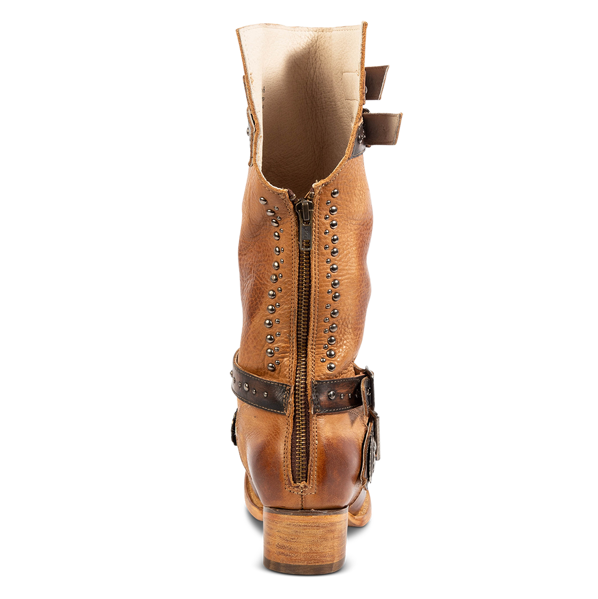 Back view showing FREEBIRD women's Garrison tan leather boot with adjustable shaft belts, calf shaft cutout and stud embossing