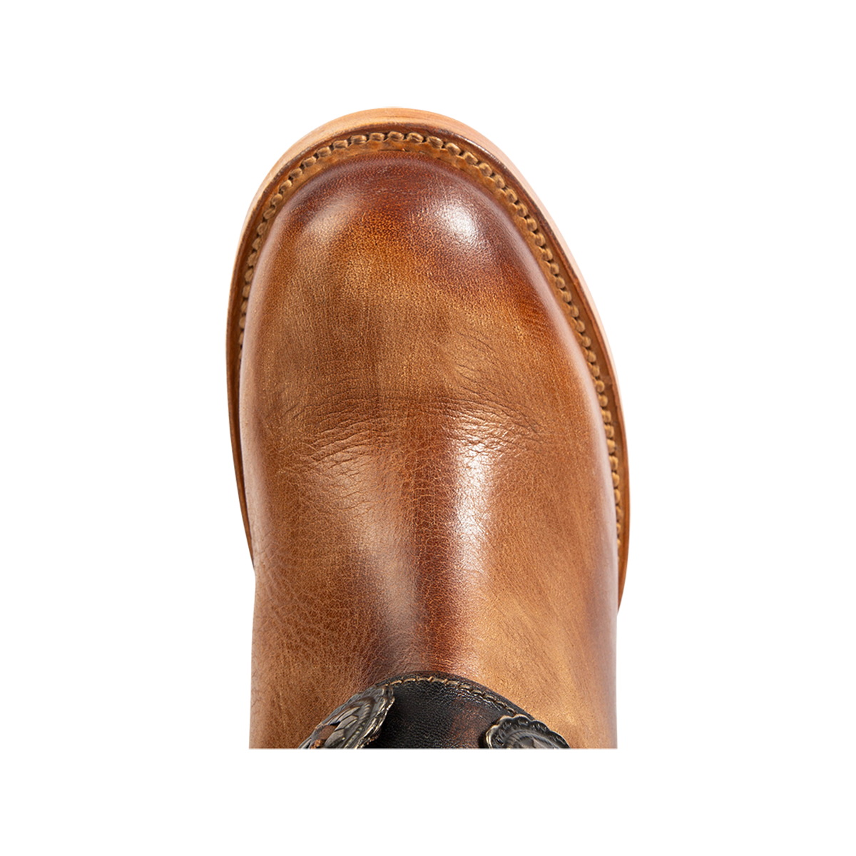 Top view showing a rounded toe on FREEBIRD women's Garrison tan leather boot