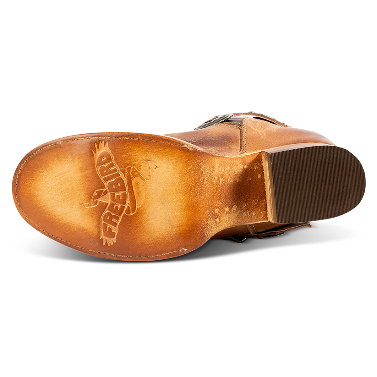 Leather sole imprinted with FREEBIRD on women's Garrison tan leather boot