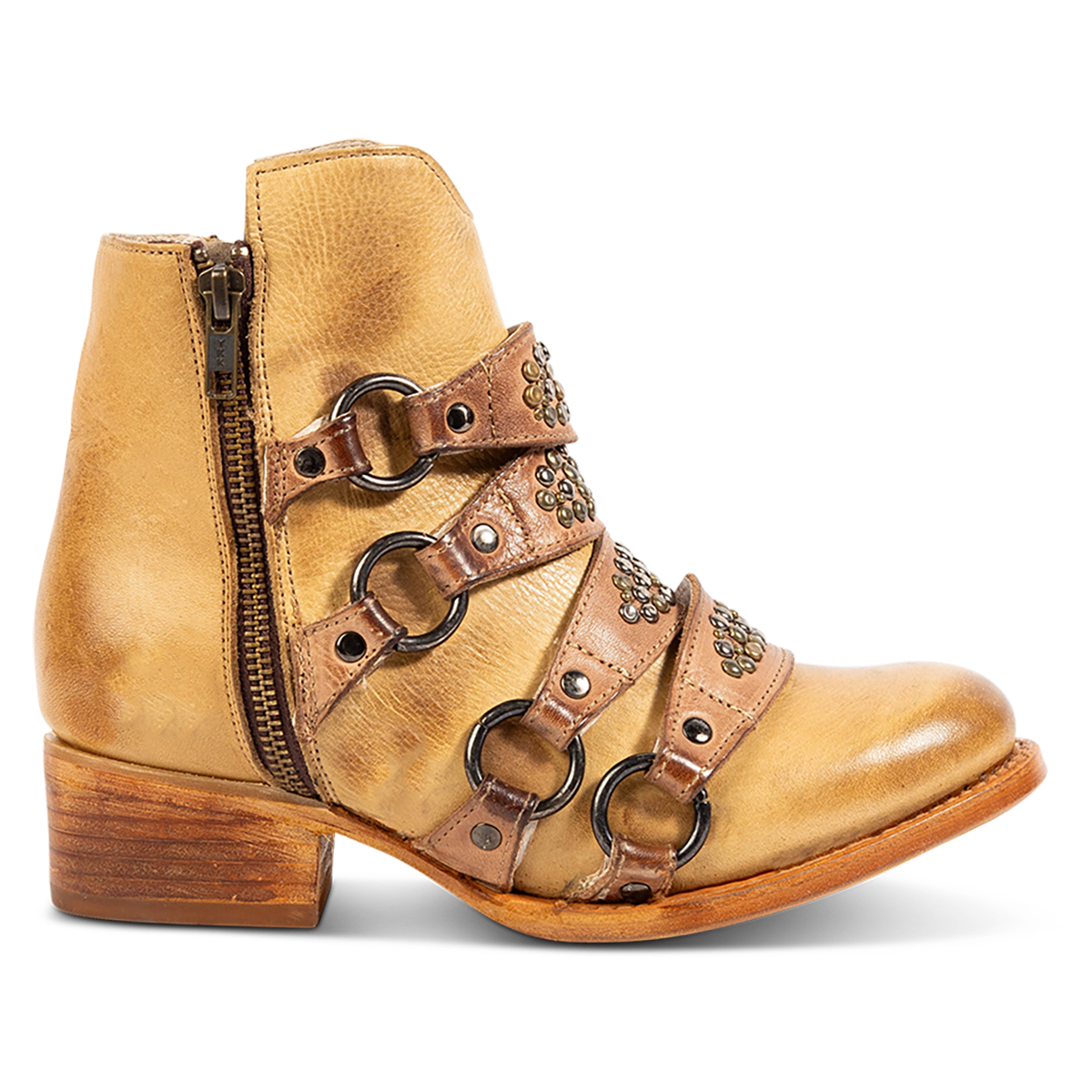 FREEBIRD women's Grady beige leather bootie with an inside working zipper, low bock heel and abstract shaft belt detailing lifestyle