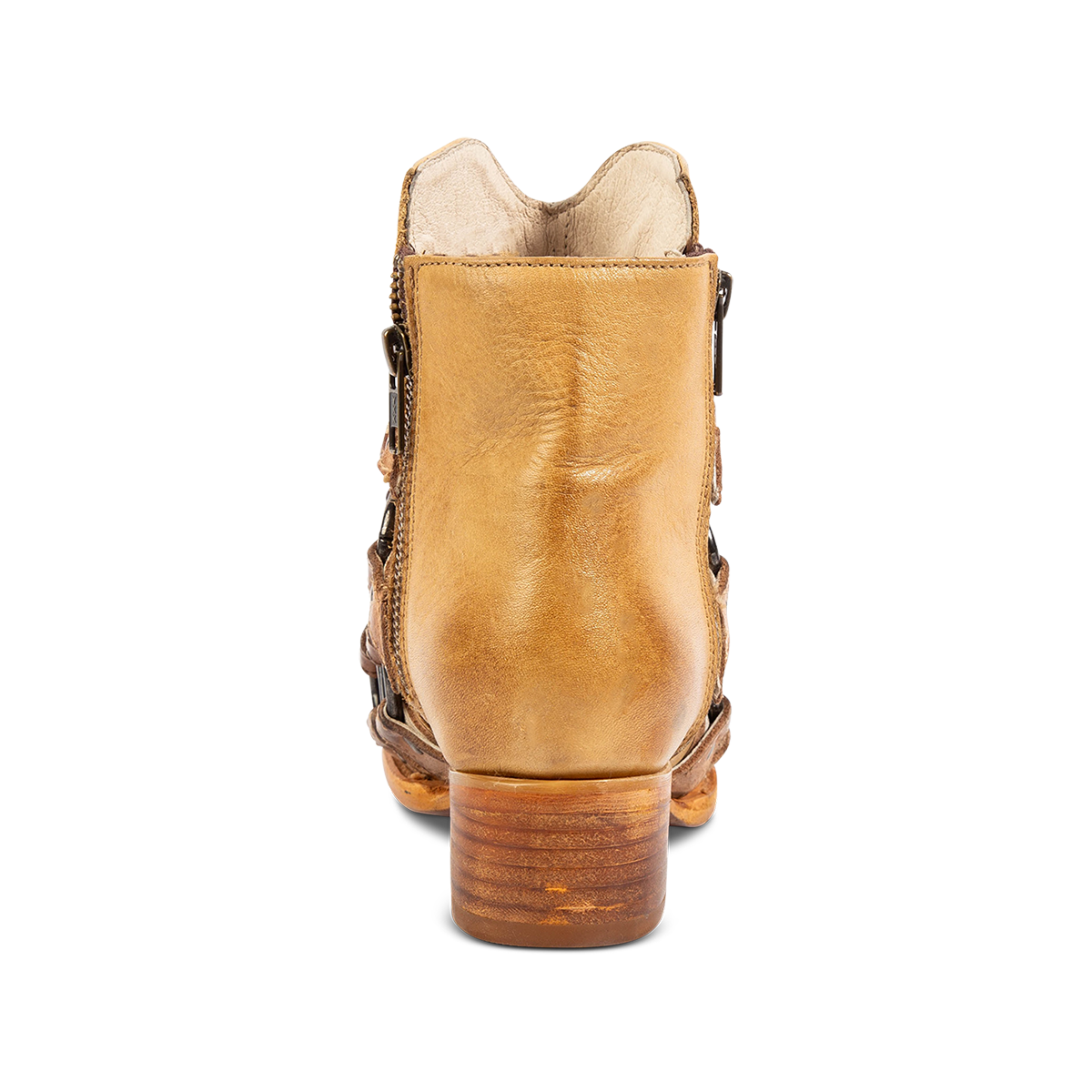 Back view showing a low block heel and inside working zipper on FREEBIRD women's Grady beige leather bootie